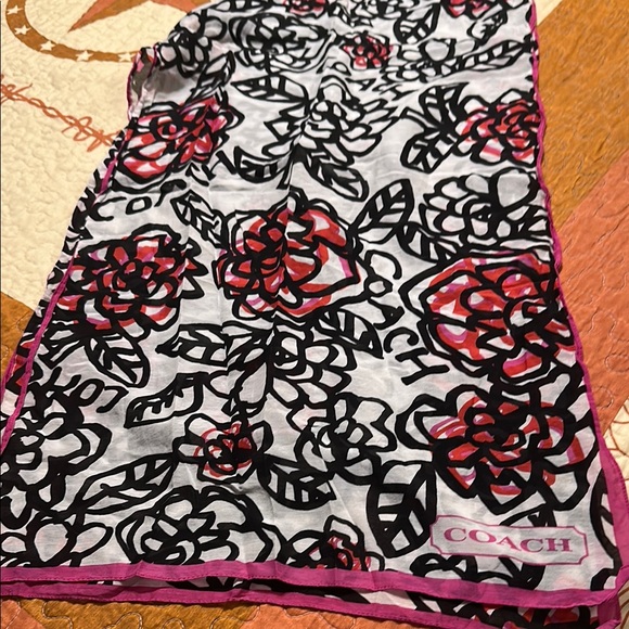 Coach Floral Scarf in Black, Red, and Pink - Picture 2 of 3